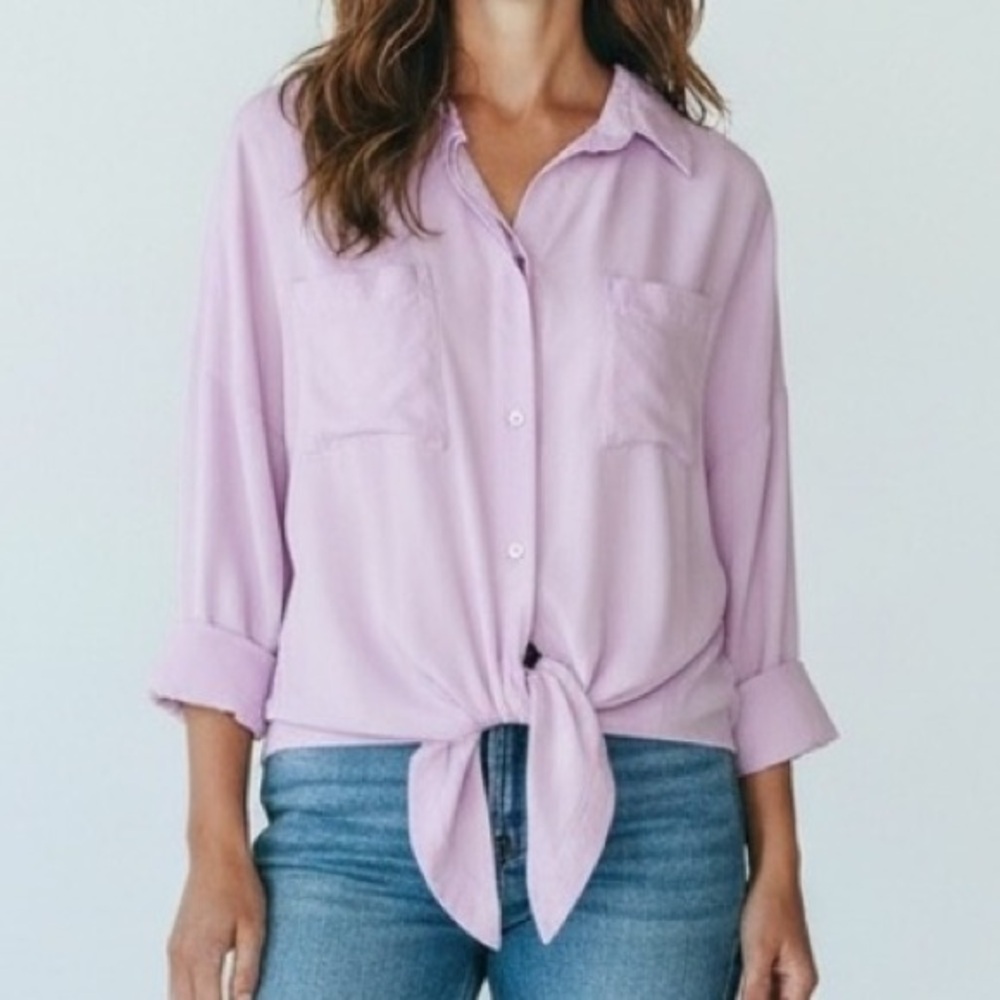 Maeve Anthropologie Lavender Purple Tie Front Button Down Shirt Small Pocket Top